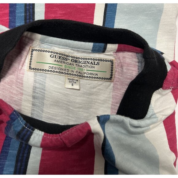 Guess Originals Sayer Logo Shirt in Pink Blue Stripe - Picture 4 of 4